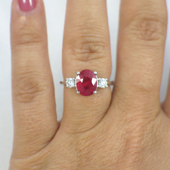 14K White Gold Vintage Oval Ruby and Diamond Three Stone Ring Alternative Engagement Ring