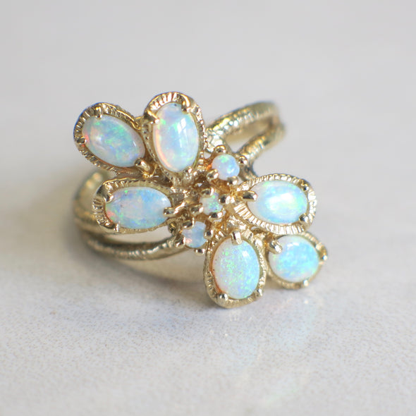 14K Yellow Gold Vintage Askew Oval and Round Opal Matte Textured Ring