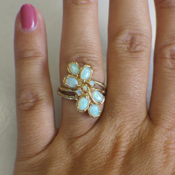 14K Yellow Gold Vintage Askew Oval and Round Opal Matte Textured Ring