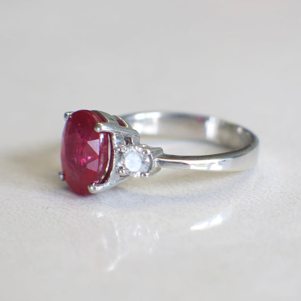14K White Gold Vintage Oval Ruby and Diamond Three Stone Ring Alternative Engagement Ring