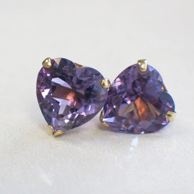 Vintage Extra Large Heart Amethyst 14K Yellow Gold Studs