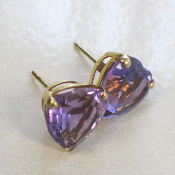 Vintage Extra Large Heart Amethyst 14K Yellow Gold Studs