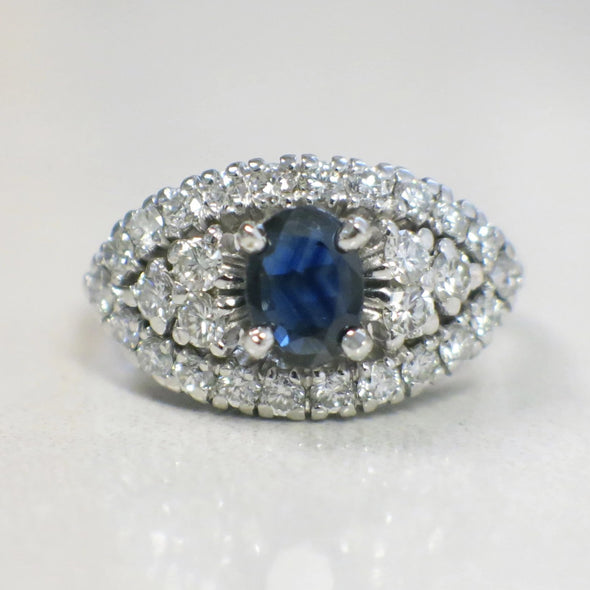 Natural Oval Sapphire and Diamond Cluster Evil Eye Platinum Vintage Ring