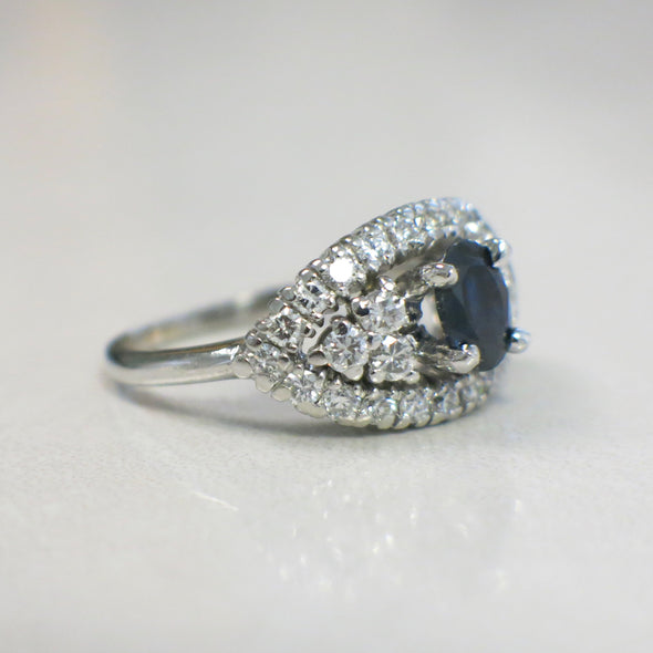 Natural Oval Sapphire and Diamond Vintage Evil Eye Cluster Platinum Ring HEAVY