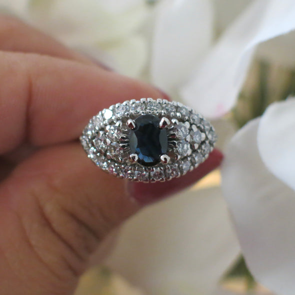Natural Oval Sapphire and Diamond Vintage Evil Eye Cluster Platinum Ring HEAVY