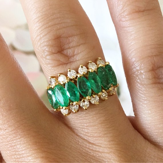 Green Emerald Marquise and Round Brilliant Diamond 18K Yellow Gold Crown Ring Band