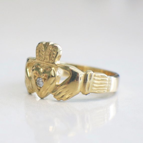 14K Yellow Gold Claddagh Ring With Diamond Center