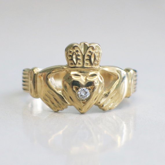 14K Yellow Gold Claddagh Ring With Diamond Center