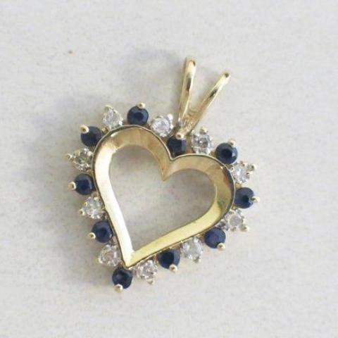 10K Yellow Gold Vintage Diamond and Sapphire Heart Pendant