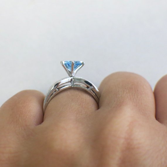10K White Gold and Light Blue Glass Gem Wide Band Scroll Ring