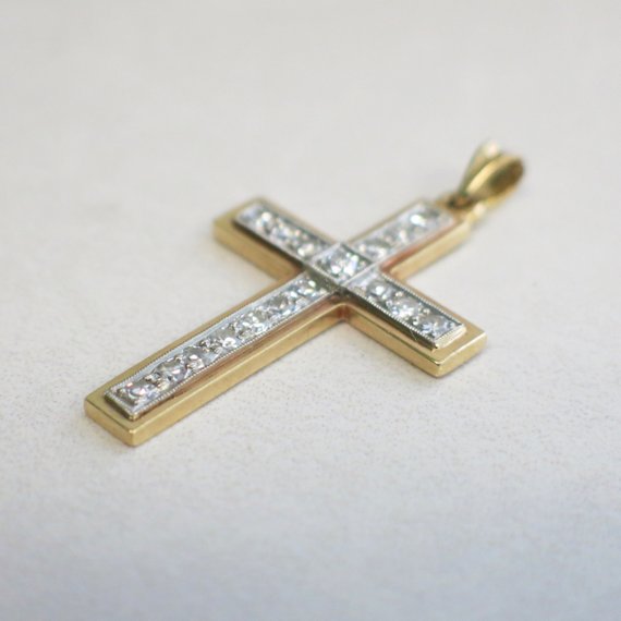 Vintage 18K Two Tone Single Cut Diamond Cross Pendant