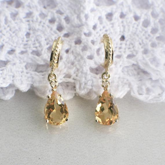 Pear Cut Citrine and Diamond 14K Yellow Gold Dangle Earrings