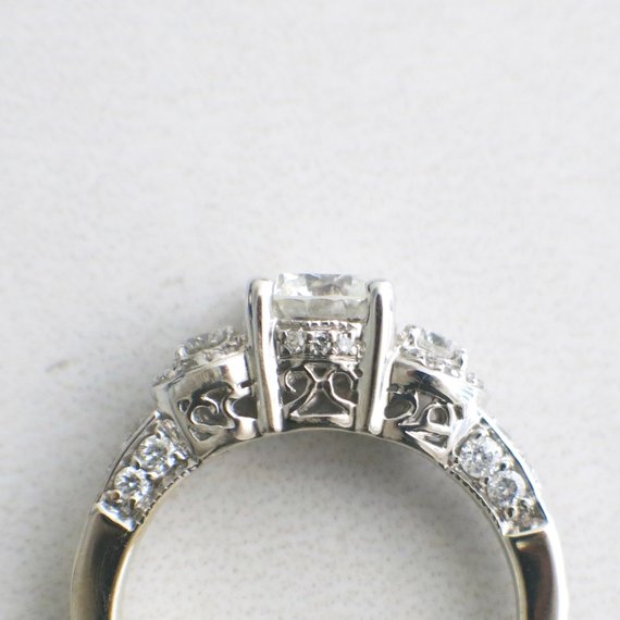 Vintage Inspired 14K Gold Three Stone Halo Side Stones Diamond Engagement Ring