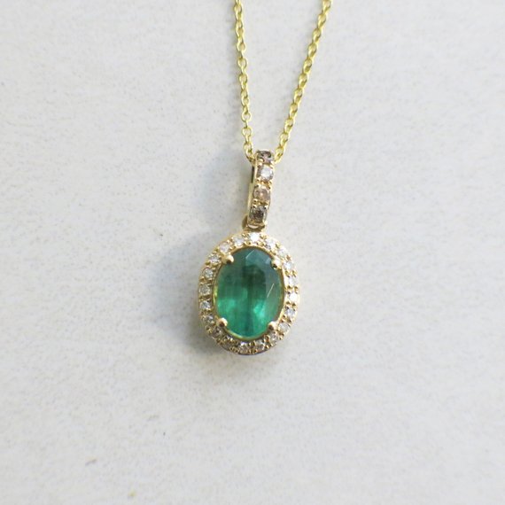 Effy BH Oval Emerald with Diamond Halo Pendant 14K Yellow Gold Cable Chain