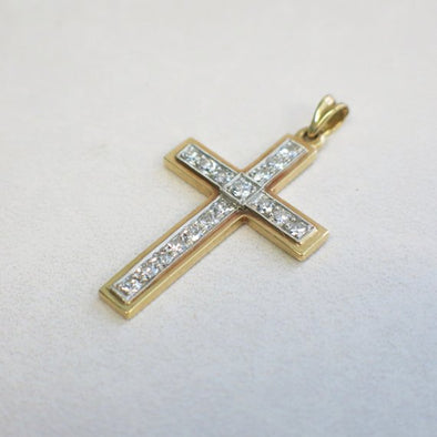 Vintage 18K Two Tone Single Cut Diamond Cross Pendant