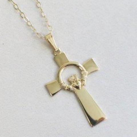 14K Yellow Gold Irish Claddagh Cross Pendant Necklace