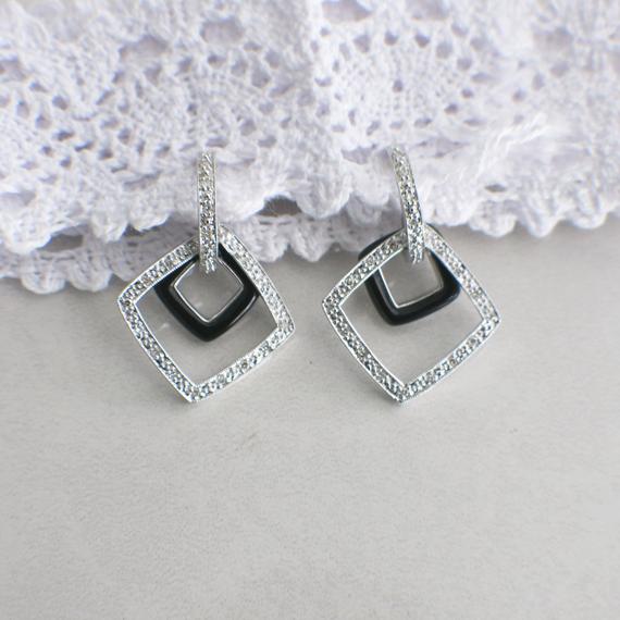 Black Enamel and White Diamond Dangle Earrings 14K White Gold
