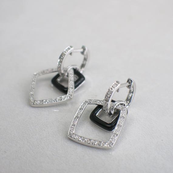 Black Enamel and White Diamond Dangle Earrings 14K White Gold