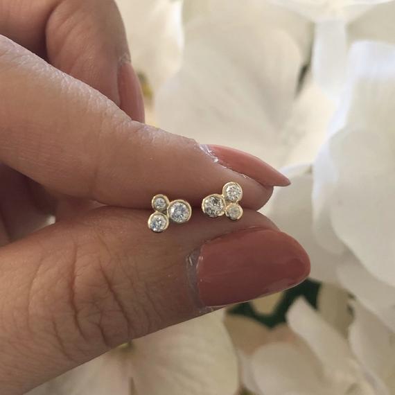 14K Gold Three Trio Diamond Bezel Cluster Stud Earrings