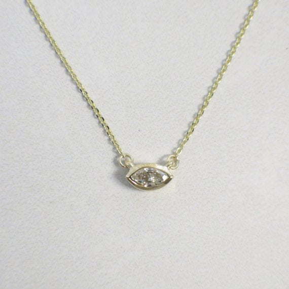 14K Gold Natural Diamond MARQUISE Solitaire Bezel Necklace
