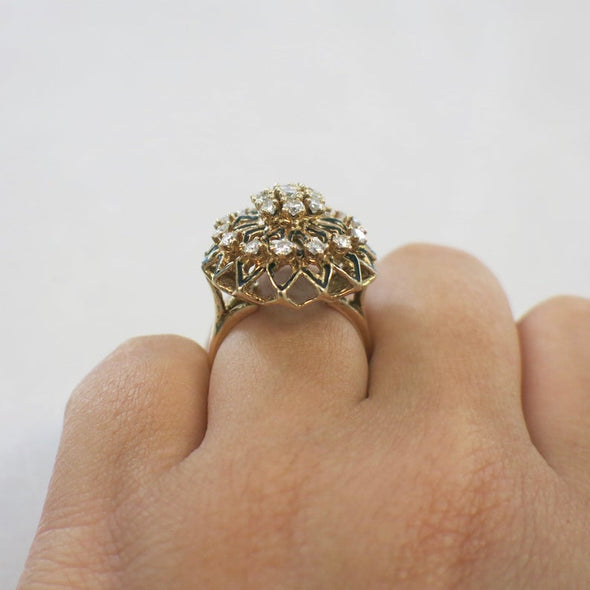 14K Yellow Gold Diamond and Black Enamel Flower Floral Cocktail Statement Large Vintage Ring