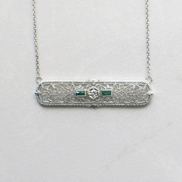 1920's Vintage Art Deco Emerald and Diamond Pin Conversion Bar Pendant Necklace 14K White Gold