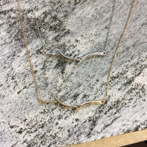 14K White or Yellow Gold Branch Leaf Twig Nature Layering Bar Necklace