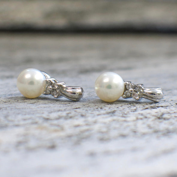 White Pearl and Diamond Floral 10K White Gold Earrings