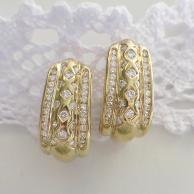 14K Yellow Gold Diamond Curved Screw Threaded Back Earrings