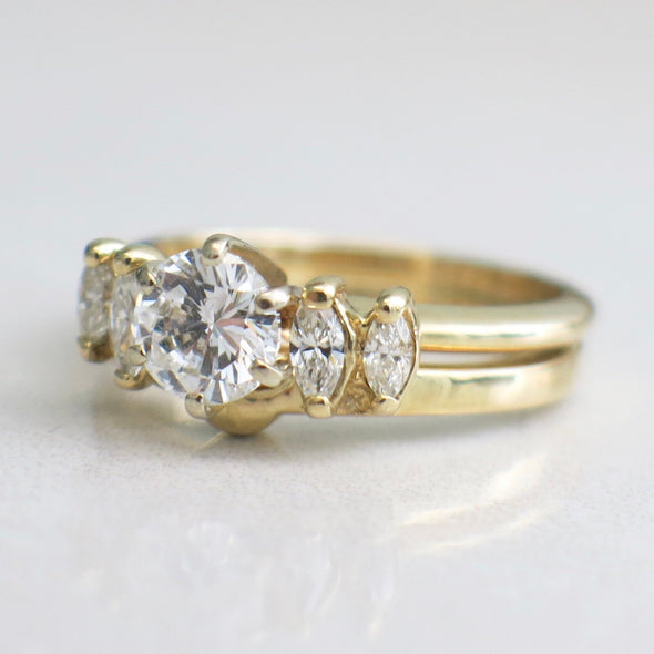 14K Gold Solitaire Round Brilliant Diamond Engagement Ring With Diamond Wrap Band Wedding Set
