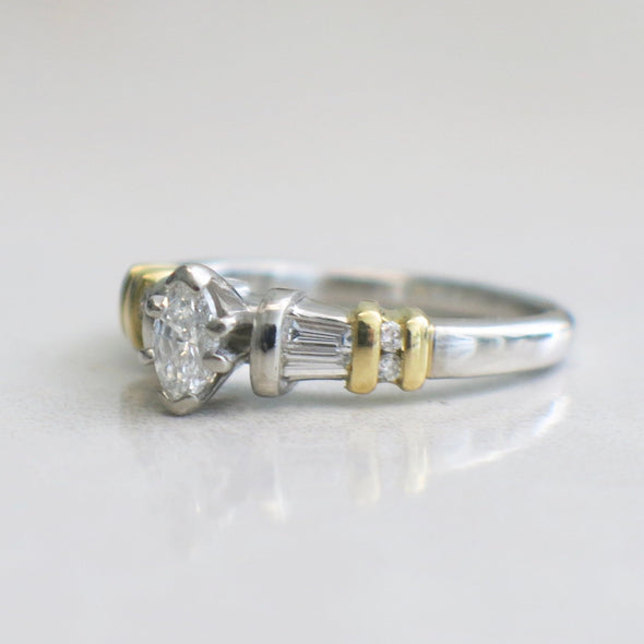 Vintage Platinum and 18K Yellow Gold Two Tone Marquise and Baguette Diamond Engagement Ring