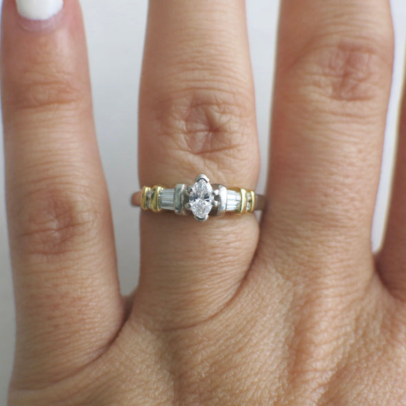 Vintage Platinum and 18K Yellow Gold Two Tone Marquise and Baguette Diamond Engagement Ring