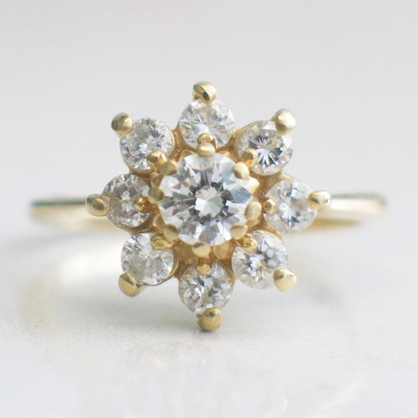 Vintage Floral Flower 14K Yellow Gold Round Brilliant Diamond Ring Alternative Engagement Ring