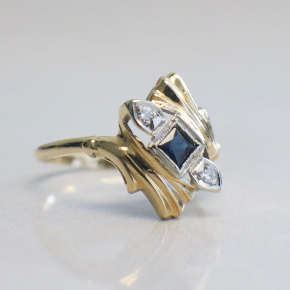 14K Yellow and White Two Tone Gold Princess Sapphire and Diamond Vintage Milgrain Ring