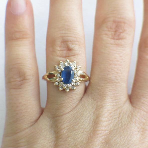 Vintage Oval Blue Tanzanite and Diamond Double Halo 14K Yellow Gold Cluster Ring