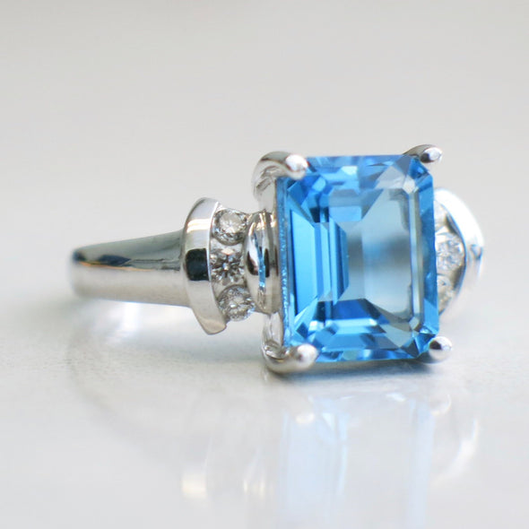 RESERVED*14K White Gold Emerald Cut Swiss Blue Topaz Diamond Accented Ring