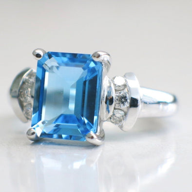 RESERVED*14K White Gold Emerald Cut Swiss Blue Topaz Diamond Accented Ring