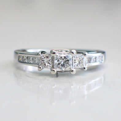 14K White Gold Princess Square Cut Three Stone Diamond Accented Engagement Ring