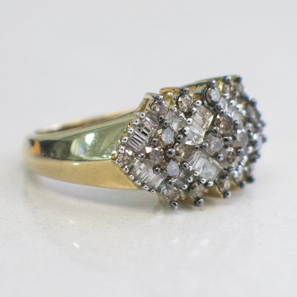 Champagne and White Diamond Cluster 10K Gold Ring