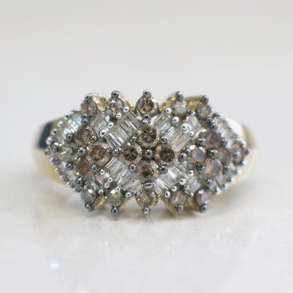 Champagne and White Diamond Cluster 10K Gold Ring