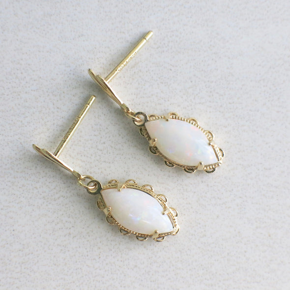 Marquise White Opal Dangle 14K Yellow Gold Earrings