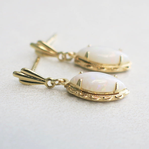 Marquise White Opal Dangle 14K Yellow Gold Earrings