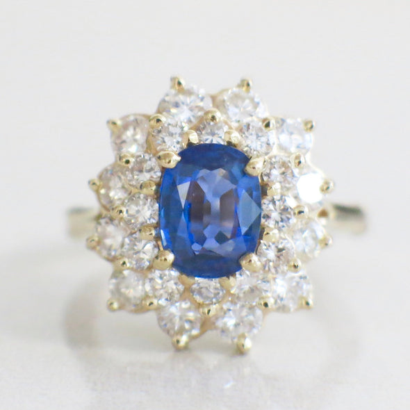 Oval Cut Blue Sapphire and Double Diamond Halo Floral Flower 14K Gold Ring With Extendable Shank