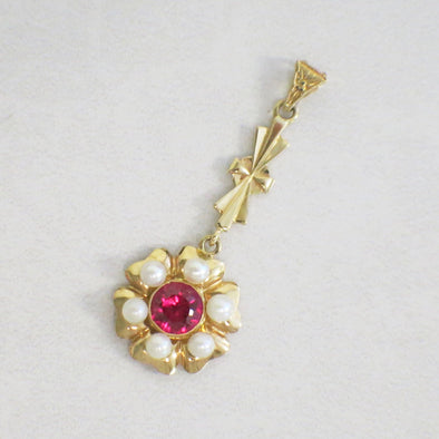 14K Vintage Pearl and Synthetic Pink Sapphire Dangle Pendant