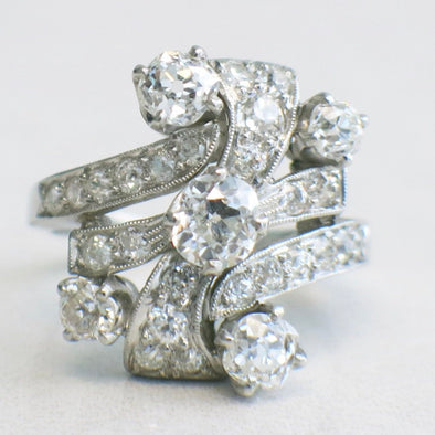 Platinum Old Mine Cut Diamond Vintage Edwardian Cluster Cocktail Ring