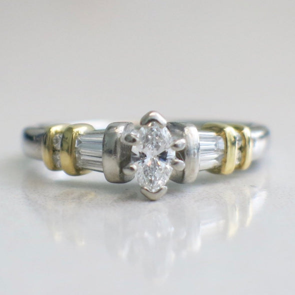 Vintage Platinum and 18K Yellow Gold Two Tone Marquise and Baguette Diamond Engagement Ring