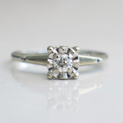 Diamond Solitaire Floral Flower 14K White Gold Engagement Ring
