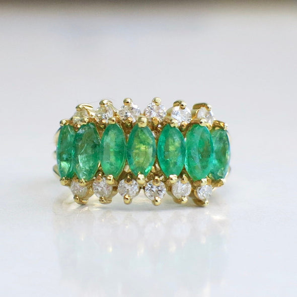 Green Emerald Marquise and Round Brilliant Diamond 18K Yellow Gold Crown Ring Band