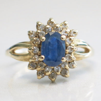 Vintage Oval Blue Tanzanite and Diamond Double Halo 14K Yellow Gold Cluster Ring