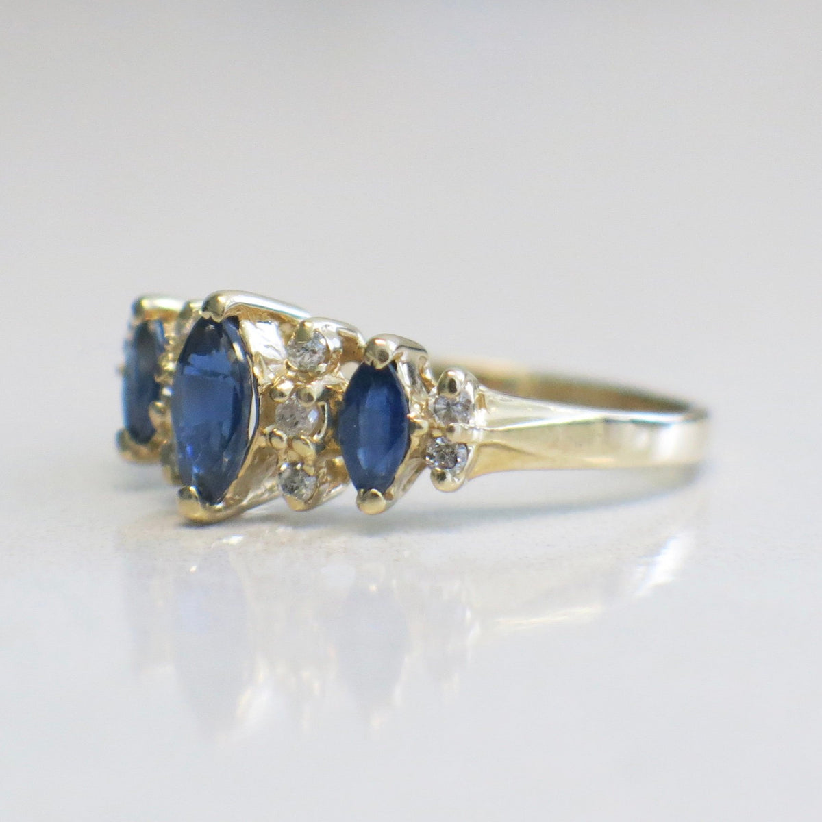 Sapphire Three Stone Marquise and Diamond Accented 14K Yellow Gold Rin